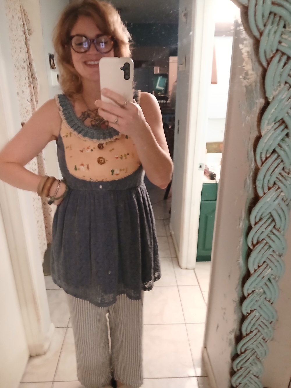 DIY-embellished Bohemian Layered Navy and Peach Sleeveless Tunic Top
